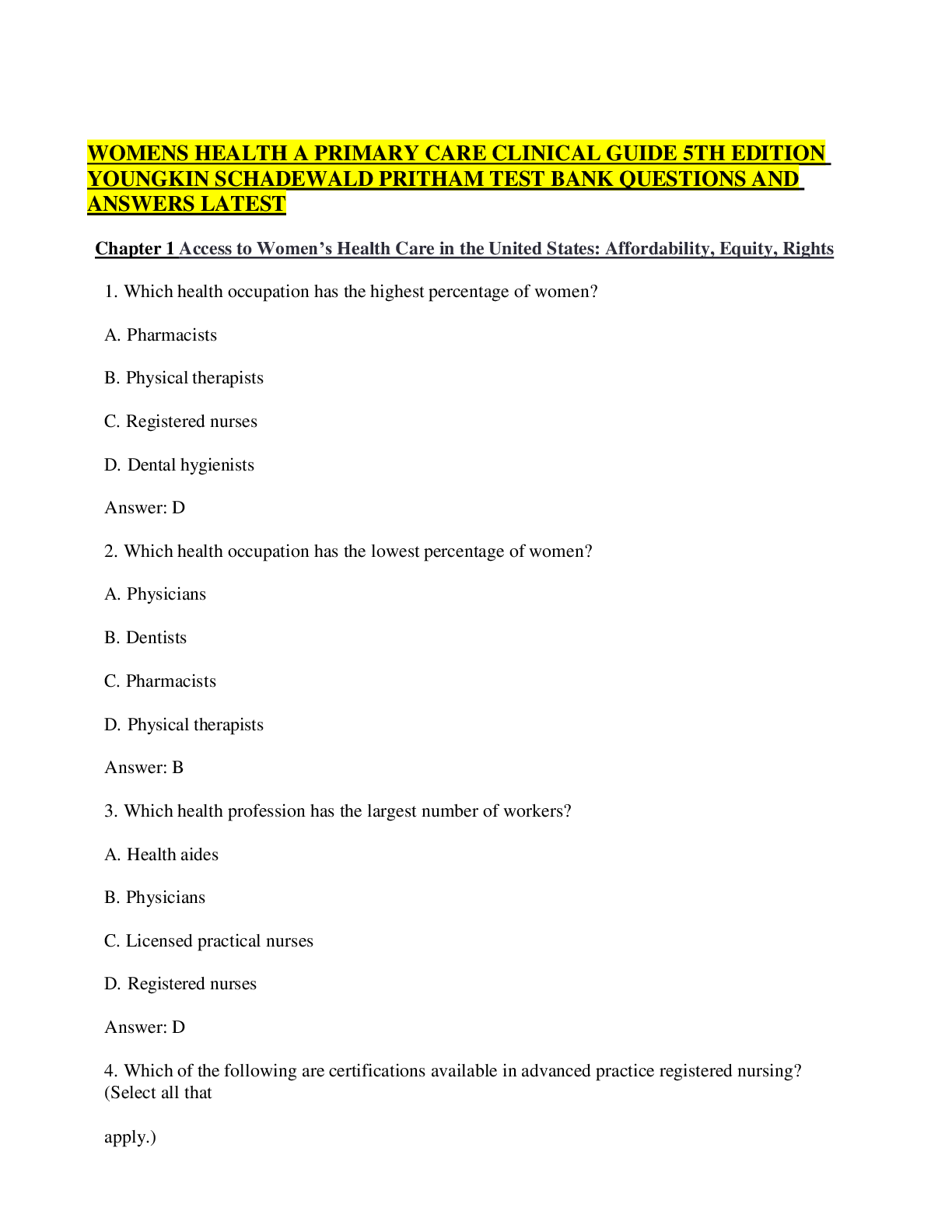 Preview image for TEST BANK FOR WOMEN’S HEALTH A PRIMARY CARE CLINICAL GUIDE 5TH EDITION YOUNGKIN SCHADEWALD PRITHAM CHAPTER 1-26
